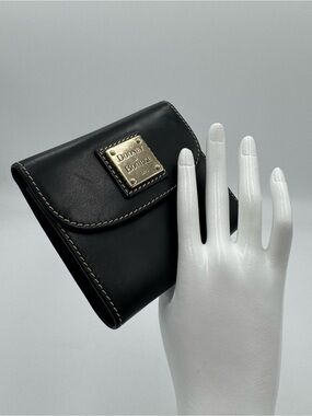 Dooney & Bourke Black Leather Tri-Fold with Brass Plaque & Floral Interior
